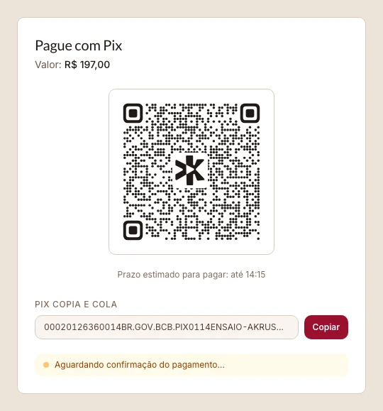 Checkout com QR Code demonstrativo e valor de exemplo de R$ 197,00.